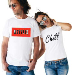 THEICONIC Set doua tricouri albe pentru cupluri - Netflix & Chill