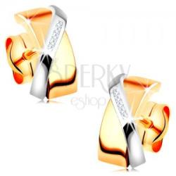 Ekszer Eshop 14K két színű arany fülbevaló - egymást keresztező ívek, átlátszó cirkóniák