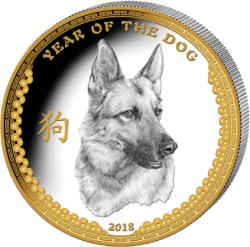 Emporium Coins Сребърна монета "Годината на Кучето 2018" - 1 унция, с частично златно покритие (2010155)