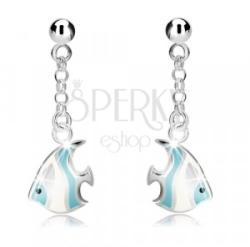 Ekszer Eshop 925 ezüst fülbevaló - gyöngy és fehér-kék tengeri hal láncon, stekker