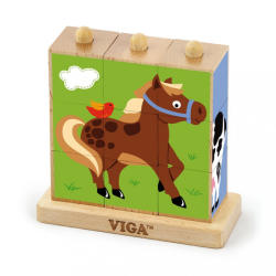Viga Toys Fa pálcikás képes kockák - farm 9 db-os (CA40460)