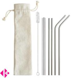 Szívószál szett vászonzsákkal tisztító kefével, 2 db egyenes 2 db hajlított 1 db vastag acél 6mm x 215 mm
