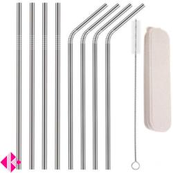 Szívószál szett tokkal tisztító kefével, 4 db egyenes 4 db hajlított acél 6mm x 215 mm