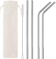 Szívószál szett vászonzsákkal tisztító kefével, 2 db egyenes 2 db hajlított acél 6mm x 215 mm - mindenamibar