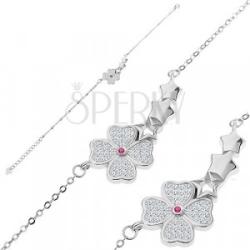 Ekszer Eshop 925 ezüst karkötő - csillogó virág, három csillag, kis ovális láncszemek