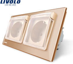 LIVOLO Priza dubla Livolo cu rama din sticla si capac de protectie rezistent la apa - culoare auriu