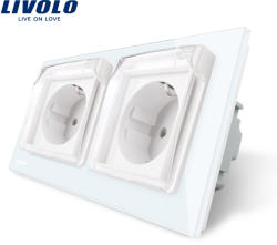 LIVOLO Priza dubla Livolo cu rama din sticla si capac de protectie rezistent la apa