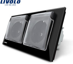LIVOLO Priza dubla Livolo cu rama din sticla si capac de protectie rezistent la apa - culoare negru