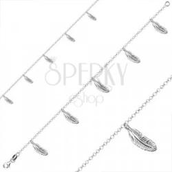 Ekszer Eshop 925 ezüst karkötő - öt toll alakú medál, kerek láncszemek