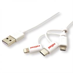 Roline Cablu de date si incarcare USB la USB-C + micro USB-B + Lightning 1m Alb, Roline 11.02. 8329 (11.02.8329-10)