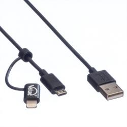 Valueline Cablu USB la micro USB-B + adaptor Lightning iPhone 5/6/7 MFI Negru 1m, Value 11.99. 8325 (11.99.8325-10)