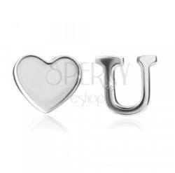 Ekszer Eshop 925 ezüst fülbevaló - csillogó szív és U betű, stekkeres zárszerkezet