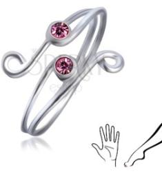 Ekszer Eshop Dupla szárú gyűrű 925 ezüstből - két rózsaszín cirkónia horgokkal