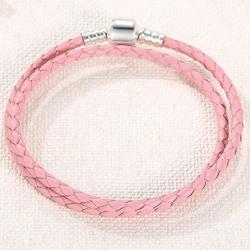 Ékszerkirály Fonott karkötő, bőr, rózsaszín, ezüst kapoccsal, 36 cm (32717766279)