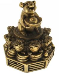 Porc cu Pepita Stand pe Moneda si Broaste - Statueta din Bronz 110 mm