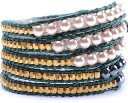  Bratara 5 wrap Acril Perlat rotund si Hematit rotund fatetat 6 mm cu nugget-uri metal 3 x 3 mm si snur verde