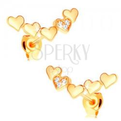 Ekszer Eshop 14K sárga arany fülbevaló - kidomborodó szívek ívben összekapcsolva