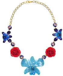 Dannyra Колие с естествени орхидеи и рози, мъниста клоазоне My Happy Blue Garden Dannyra Jewels