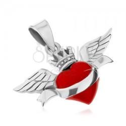 Ekszer Eshop 925 ezüst medál, piros szív szalaggal, koronával és szárnyakkal