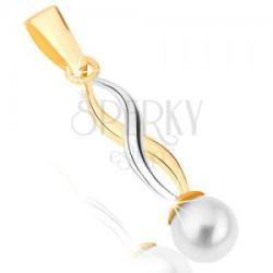 Ekszer Eshop 375 arany medál - fényes kétszínű hullám, fehér gyöngy