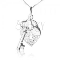Ekszer Eshop Nyaklánc 925 ezüstből, lánc, szív és kulcs alakú medál, átlátszó kövek
