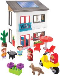 Ecoiffier Joc de construit casă de familie Abrick Écoiffier cu etaj motocicletă mică și 3 figurine cu 56 de bucăți de la 18 luni (ECO3008)