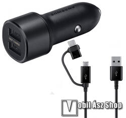 Samsung szivargyújtós töltő / autós töltő 2x USB aljzattal - 5V / 2000mA, 15W, gyorstöltés támogatás, LED + Type-C / microUSB kábel - FEKETE - EP-L1100WBEG (EP-L1100WBEG)