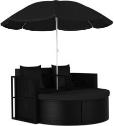 vidaXL Pat de grădină cu umbrelă de soare, negru, poliratan (47398)