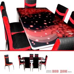 Мебелна фабрика НОВ ДОМ - гр. Ямбол Комплект маса + 6 стола Червени цветя (10133)