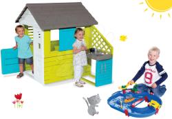 Smoby Set căsuţă Pretty Blue Smoby cu bucătărie mică de vară și pista de apă Start Set cu bărci și container de la 24 luni (SM810711-42)