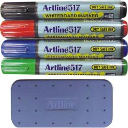 ARTLINE Kit markere tabla de scris+burete magnetic, ARTLINE 517 - Dry safe ink, varf rotund 2.0mm, 4 cul/set (EK-517KIT)