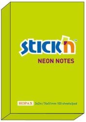  Notes autoadeziv 76 x 51 mm, 100 file, Stick"n - verde neon (HO-21163)