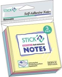 Notes autoadeziv 76 x 76 mm, 3 x 50 file/set, Stick"n - 3 culori pastel (HO-21092)