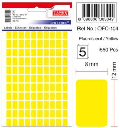 Etichete autoadezive color, 8 x 12 mm, 550 buc/set, Tanex - galben fluorescent (TX-OFC-104-FYE)