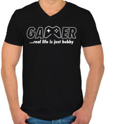 printfashion Gamer: a való élet csak hobbi - Férfi V-nyakú póló - Fekete (2647576)