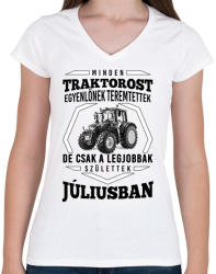printfashion traktoros szülinap - július - Női V-nyakú póló - Fehér (2642847)