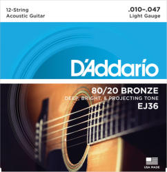 D'ADDARIO EJ36 akusztikus gitár húrkészlet 12 húros 80/20, húrkészlet 10-47 bronz, lite