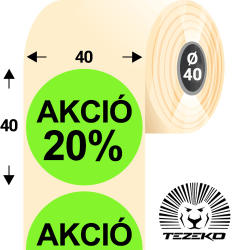 Tezeko 40 mm-es kör, papír címke, fluo zöld színű, Akció 20% felirattal (1000 címke/tekercs) (P0400004000-029) - dunasp
