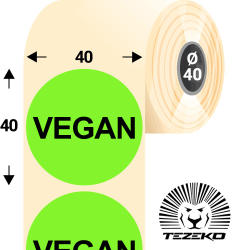 Tezeko 40 mm-es kör, papír címke, fluo zöld színű, Vegan felirattal (1000 címke/tekercs) (P0400004000-044) - dunasp