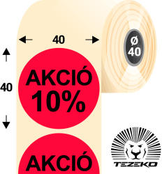 Tezeko 40 mm-es kör, papír címke, fluo piros színű, Akció 10% felirattal (1000 címke/tekercs) (P0400004000-033) - dunasp