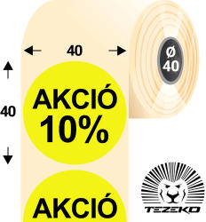 Tezeko 40 mm-es kör, papír címke, fluo sárga színű, Akció 10% felirattal (1000 címke/tekercs) (P0400004000-038) - dunasp