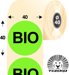 Tezeko 40 mm-es kör, papír címke, fluo zöld színű, Bio felirattal (1000 címke/tekercs) (P0400004000-041) - dunasp