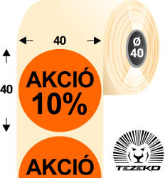 Tezeko 40 mm-es kör, papír címke, fluo narancs színű, Akció 10% felirattal (1000 címke/tekercs) (P0400004000-023) - dunasp