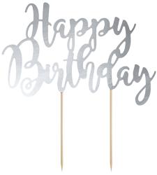 PartyDeco Decoraţiune pentru tort "Happy Birthday" - argintie
