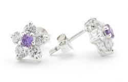 Ezüst fülbevaló bedugós csillagvirág lila-fehér kövekkel