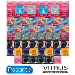 Pasante Christmas Package of Warming, Cooling and Glowing Condoms - 62 Pasante Condoms and Vitalis Premium + 4 Pasante Lubricating Gels as a Gift