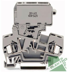 WAGO 281-611 2 vezetékes biztosító sorkapocs (5x20 mm), kifordítható biztosítékkal, jelzés nélkül, szürke (281-611)