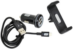 Carpoint Set suport auto telefon cu incarcator bricheta Fast Charge cu 2 iesiri USB si cablu cu cablu conector hibrid MicroUSB MFi Dock 8pin, Carpoint Kft Auto (517033)