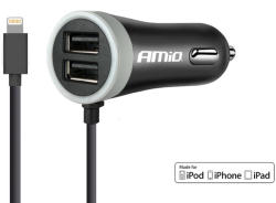 AMiO Incarcator auto cu 2 USB si cablu Lightning pentru iPhone sau iPad, 2.4A (02057)