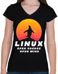 printfashion Linux - open source - Női V-nyakú póló - Fekete (3529640)